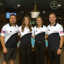 Load image into Gallery viewer, Pool team wearing matching black and white 8 ball custom billiard jerseys during tournament competition front view.