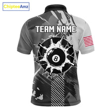 Load image into Gallery viewer, Grey grunge 8 ball pool team polo shirt with custom billiard graphics, personalized billiard team jersey.