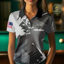 Load image into Gallery viewer, Woman wearing a grey grunge 8 ball custom billiard jersey front view, personalized pool team shirt.
