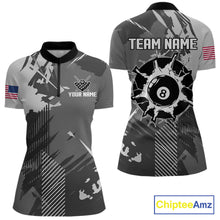 Load image into Gallery viewer, Grey grunge 8 ball quarter zip billiard shirt for women, custom pool team jersey and tournament apparel.
