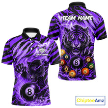 Load image into Gallery viewer, Purple flaming tiger 8 ball custom billiard polo shirt for men, personalized pool team jersey for tournaments.