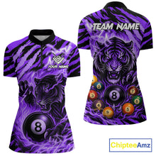 Load image into Gallery viewer, Purple flaming tiger 8 ball quarter zip billiard shirt for women, custom pool team jersey and tournament apparel.
