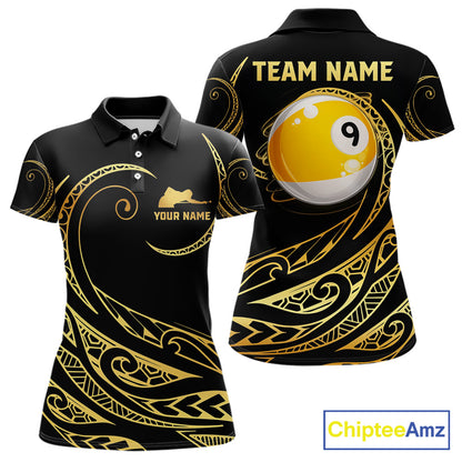 Personalized Black and Gold 9 Ball Pool Tribal Pattern Billiard Polo Shirt Featuring Premium Tribal Artwork for Pool League Players, Team Competition, and Tournament Play