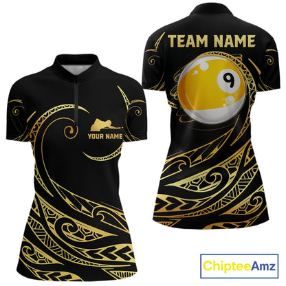 Personalized Black and Gold 9 Ball Tribal Pattern Quarter Zip Billiard Shirt Created for Pool League Teams with Performance Fabric and Custom Tournament Jersey Design