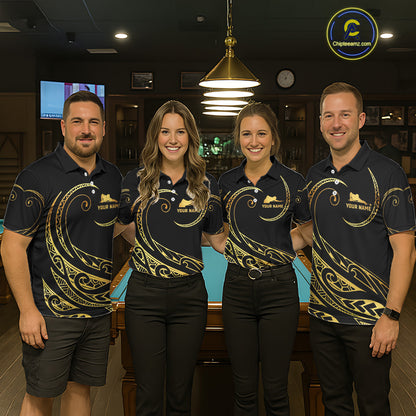 Pool Team Wearing Personalized Black and Gold 9 Ball Tribal Pattern Billiard Jerseys During League Competition and Tournament Matches, Front View