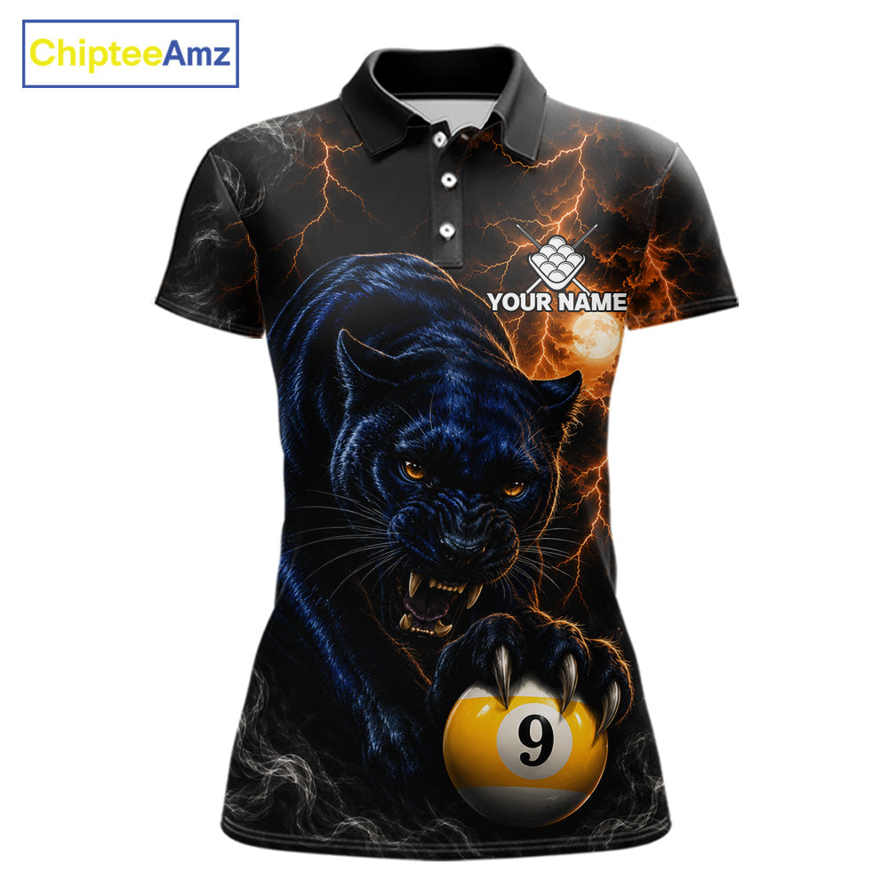 Personalized 9 Ball Pool Panther Lightning Billiard Polo Shirt Featuring a Fierce Panther and Electric Lightning Design for Pool League Players, Team Competition, and Tournament Events