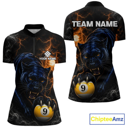 Personalized 9 Ball Pool Panther Lightning Quarter Zip Billiard Shirt Created for Pool League Teams with Performance Fabric and Tournament Ready Custom Jersey Design
