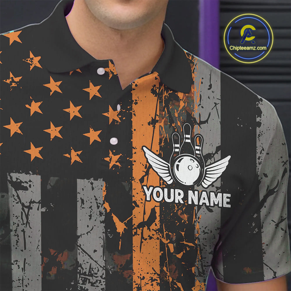 Orange Grunge American Flag Patriotic Bowling Shirts For Men Custom Bowling Team Jerseys TDM4852