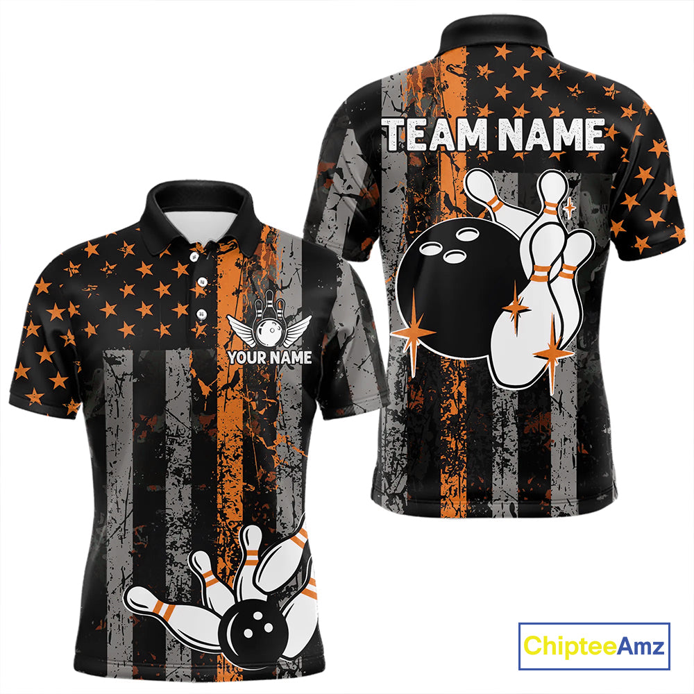 Orange Grunge American Flag Patriotic Bowling Shirts For Men Custom Bowling Team Jerseys TDM4852