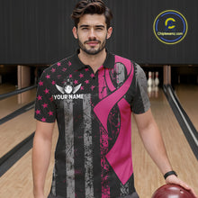 Load image into Gallery viewer, Custom Pink Ribbon Grunge US Flag Patriotic Bowling Shirt For Men, Breast Cancer Bowling Jerseys TDM4853