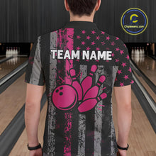 Load image into Gallery viewer, Custom Pink Ribbon Grunge US Flag Patriotic Bowling Shirt For Men, Breast Cancer Bowling Jerseys TDM4853