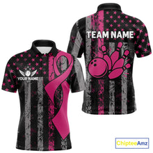 Load image into Gallery viewer, Custom Pink Ribbon Grunge US Flag Patriotic Bowling Shirt For Men, Breast Cancer Bowling Jerseys TDM4853