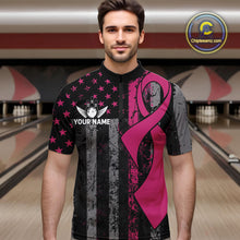 Load image into Gallery viewer, Custom Pink Ribbon Grunge US Flag Patriotic Bowling Shirt For Men, Breast Cancer Bowling Jerseys TDM4853