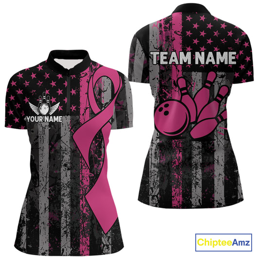 Custom Pink Ribbon Grunge US Flag Patriotic Bowling Shirt For Women, Breast Cancer Bowling Jerseys TDM4853
