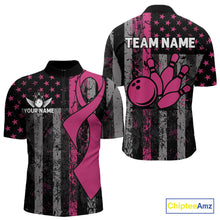 Load image into Gallery viewer, Custom Pink Ribbon Grunge US Flag Patriotic Bowling Shirt For Men, Breast Cancer Bowling Jerseys TDM4853