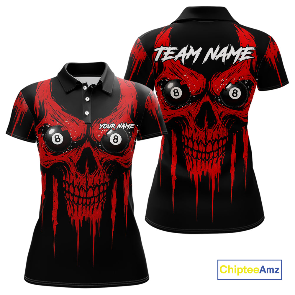 Red Grunge Skull Billiard Jersey For Women Custom 8 Ball Pool Billiard Shirt Team Polo & 1/4 Zip TDM5072