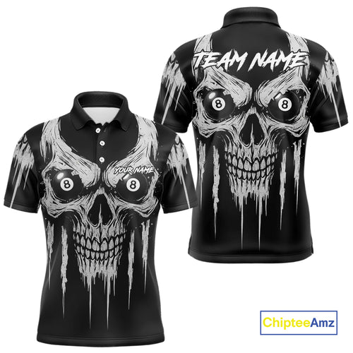 White Black Grunge Skull Billiard Jersey For Men Custom 8 Ball Pool Billiard Shirt Polo & 1/4 Zip TDM5073