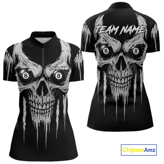 White Black Grunge Skull Billiard Jersey For Women Custom 8 Ball Pool Billiard Shirt Polo & 1/4 Zip TDM5073