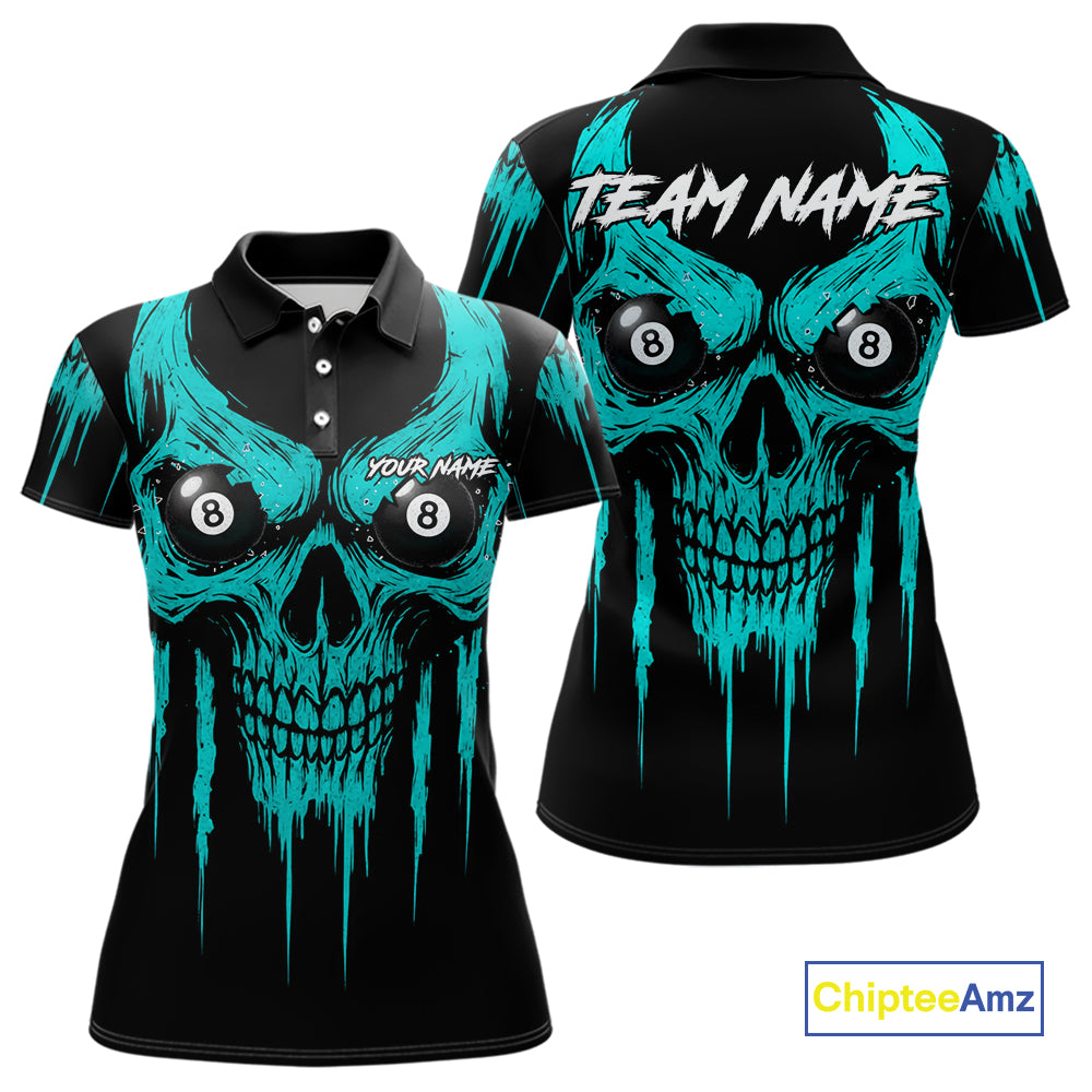Turquoise Grunge Skull Billiard Jersey For Women Custom 8 Ball Pool Billiard Shirt Polo & 1/4 Zip TDM5074