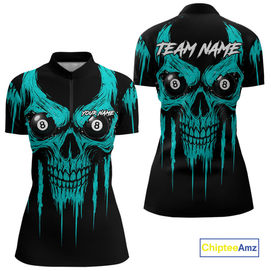 Turquoise Grunge Skull Billiard Jersey For Women Custom 8 Ball Pool Billiard Shirt Polo & 1/4 Zip TDM5074