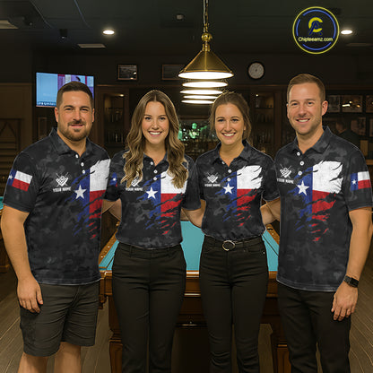 Personalized Texas & American Flag Camo Billiard Shirt For Men Custom Patriotic Pool Team Jersey TDM5543
