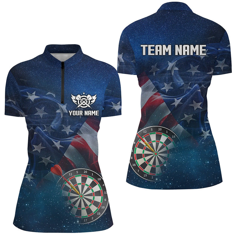 Usa Flag Universe Patriotic Custom Women Dart Quarter-Zip Shirts Best Darts Gift For Player TDM1306