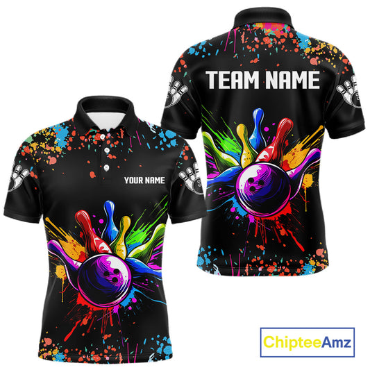 Colorful bowling shirt with splashes and a bowling ball design, customizable text on a blackground.