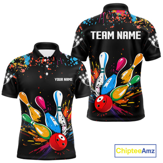 Bowling-themed shirt with colorful design and space for team name and player name.