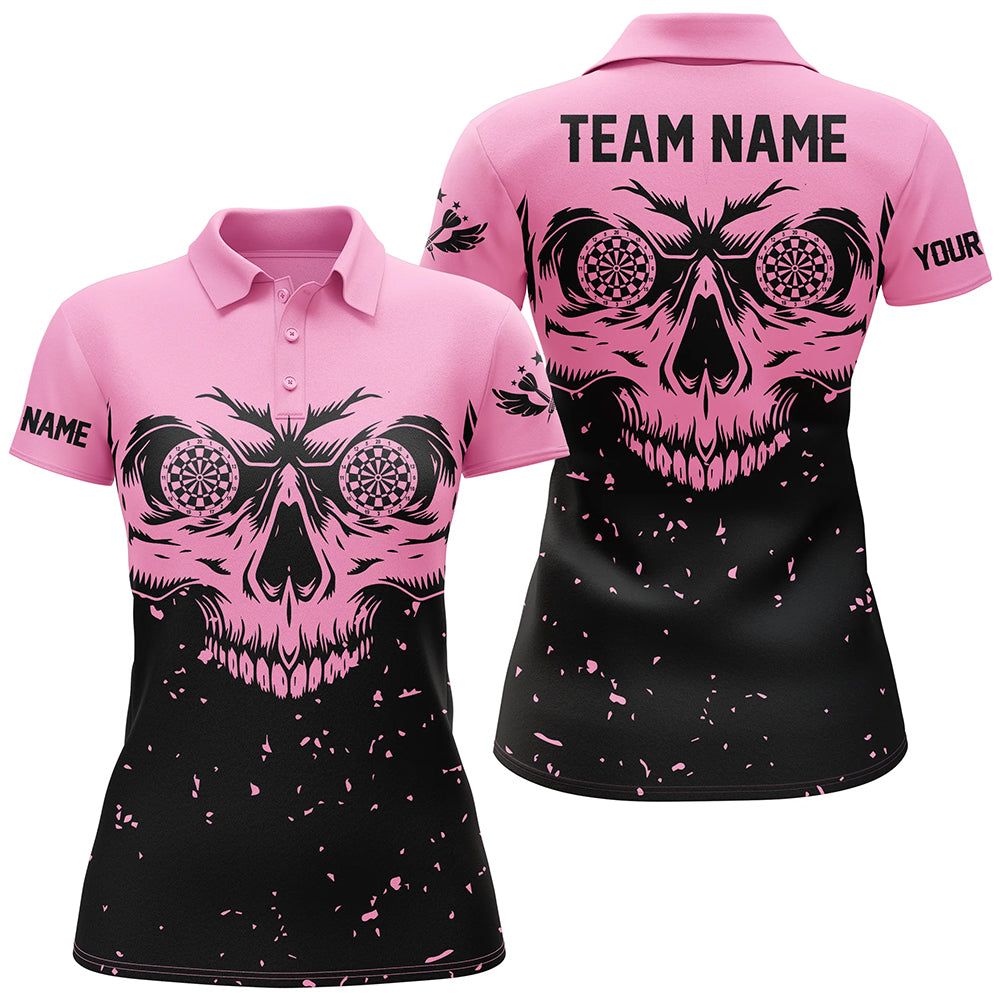 Customized Grunge Pink Black Skull Darts Women Polo & Quarter-Zip Shirts, Team League Darts Shirts TDM1887