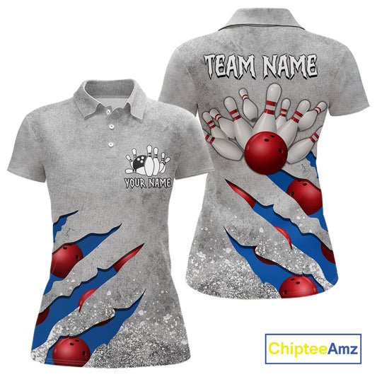 Blue grunge scratch custom bowling polo shirt for women, personalized bowling team jersey for league tournaments.