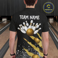 Load image into Gallery viewer, Back view of man wearing a yellow black grunge scratch bowling polo shirt, custom bowling team jersey design.