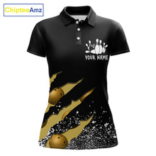 Load image into Gallery viewer, Yellow black grunge scratch bowling team polo shirt for women with custom league and tournament graphics.