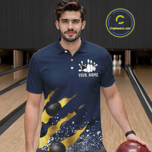 Load image into Gallery viewer, Man wearing a navy blue and gold grunge scratch bowling polo shirt front view, custom bowling league jersey for men.