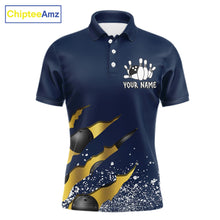 Load image into Gallery viewer, Navy blue and gold grunge scratch bowling team polo shirt for men with custom league and tournament graphics.