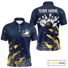 Load image into Gallery viewer, Navy blue and gold grunge scratch custom bowling polo shirt for men, personalized bowling team jersey for league tournaments.