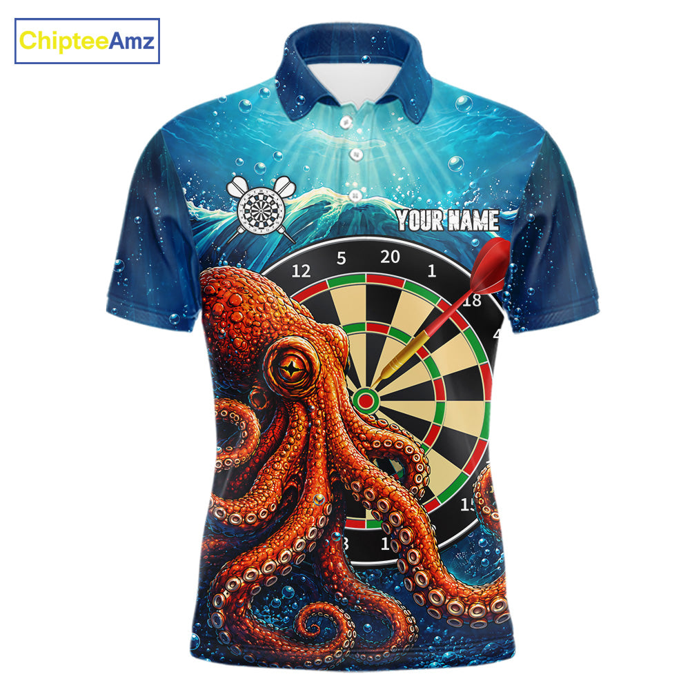 Personalized Blue Funny Ocean Octopus Darts Polo Shirt Featuring a Playful Ocean Theme for Dart League Players, Team Competition, Tournament Events, and Darts Gift Ideas