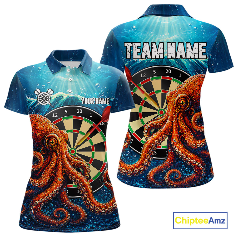 Custom Blue Funny Ocean Octopus Darts Polo Shirt Designed for Personalized Darts Team Jerseys with Creative Ocean Artwork, Premium Athletic Performance, and League Ready Style