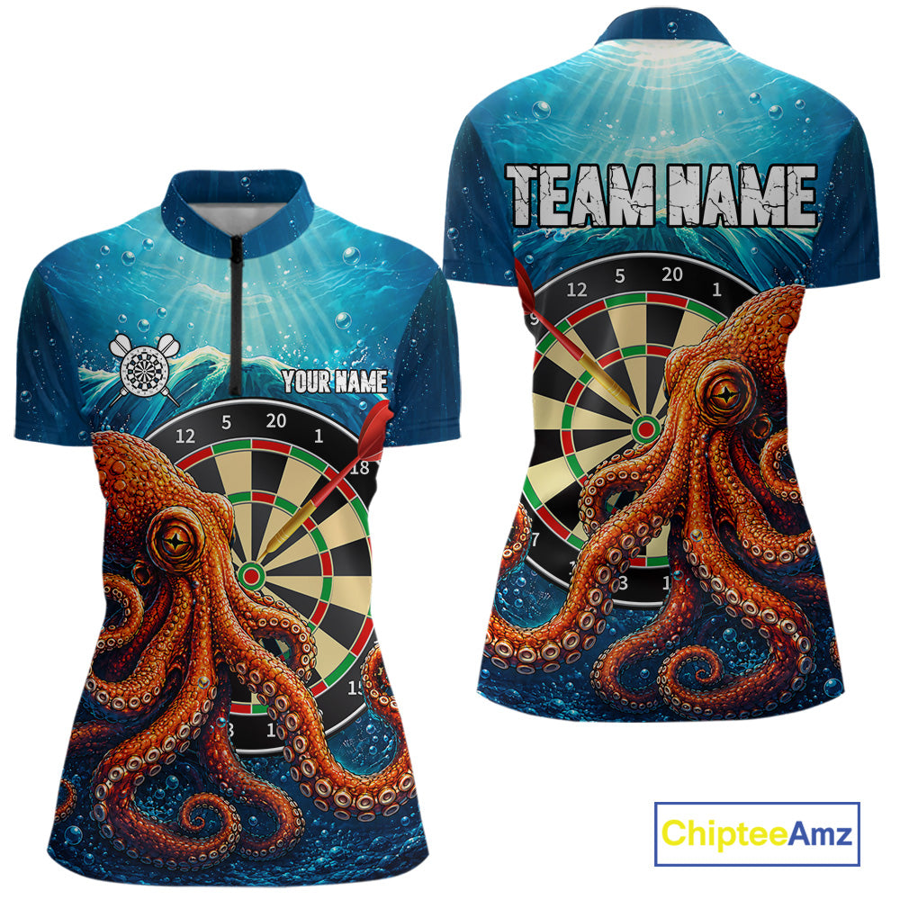 Personalized Blue Funny Ocean Octopus Quarter Zip Darts Shirt Created for Competitive Dart League Teams with Performance Fabric and Tournament Ready Team Design