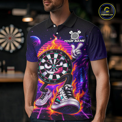 Man Wearing Personalized Funny Flame Dartboard Neon Darts Polo Shirt with Athletic Performance Fit and Bright Neon Graphic Artwork, Front View