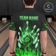 Load image into Gallery viewer, Green Flaming American Flag Skull Bowling Shirt For Men Custom Fire Bowling Team Jersey TDM4656