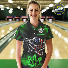 Load image into Gallery viewer, Green Flaming American Flag Skull Bowling Shirt For Women Custom Fire Bowling Team Jersey TDM4656