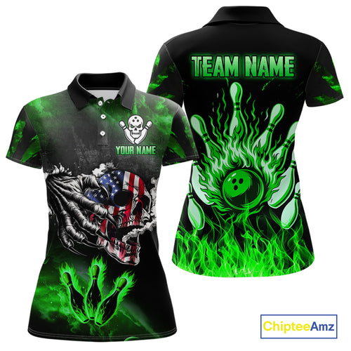 Green Flaming American Flag Skull Bowling Shirt For Women Custom Fire Bowling Team Jersey TDM4656