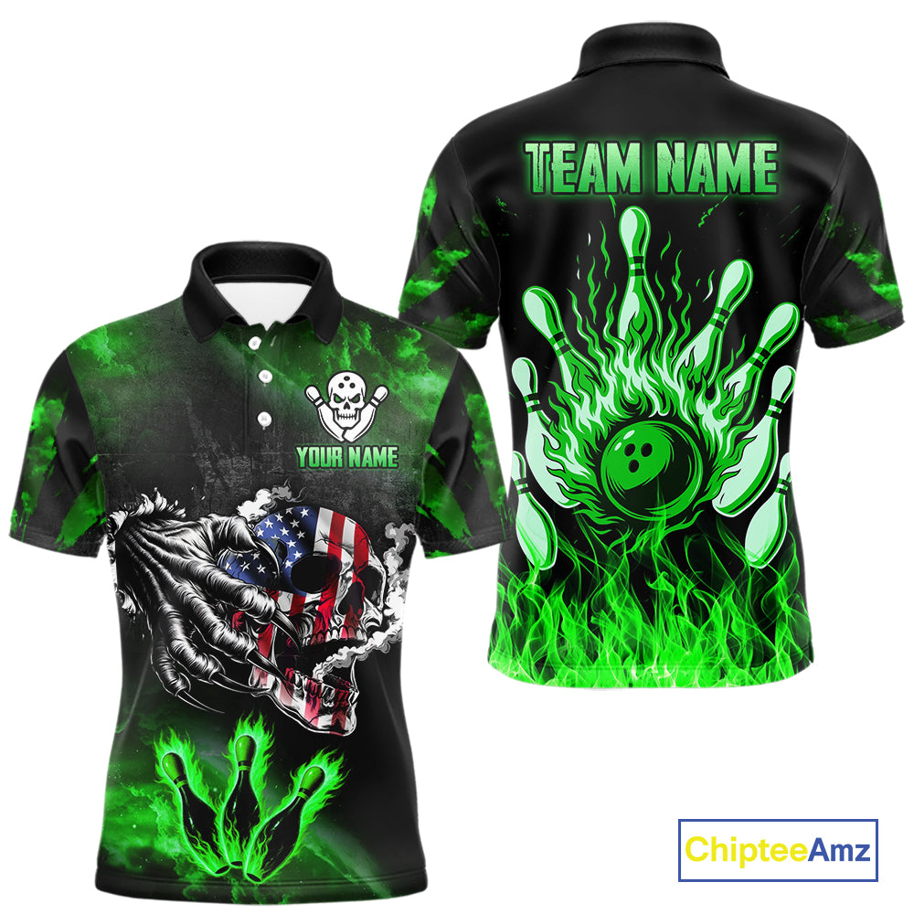 Green Flaming American Flag Skull Bowling Shirt For Men Custom Fire Bowling Team Jersey TDM4656