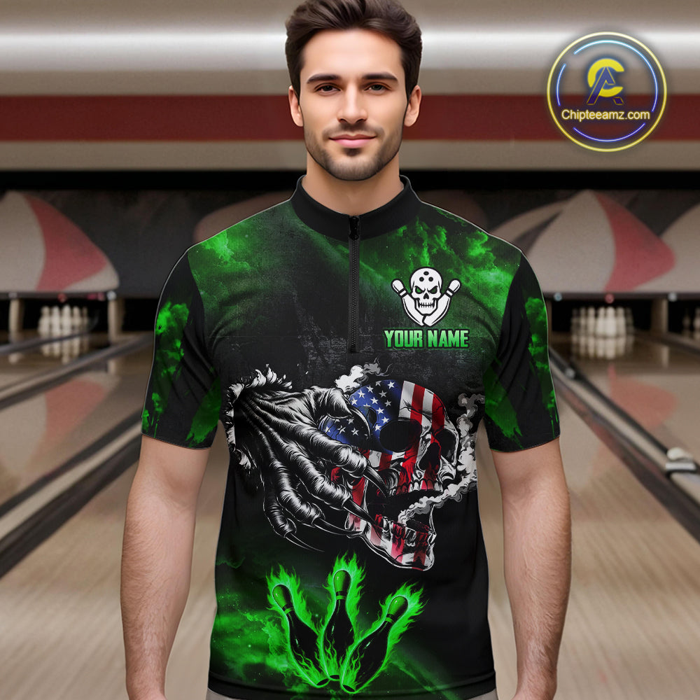 Green Flaming American Flag Skull Bowling Shirt For Men Custom Fire Bowling Team Jersey TDM4656