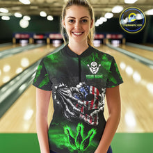 Load image into Gallery viewer, Green Flaming American Flag Skull Bowling Shirt For Women Custom Fire Bowling Team Jersey TDM4656