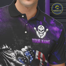 Load image into Gallery viewer, Purple Flaming American Flag Skull Bowling Shirt For Men Custom Fire Bowling Team Jersey TDM4657
