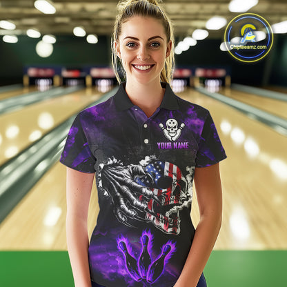 Purple Flaming American Flag Skull Bowling Shirt For Women Custom Fire Bowling Team Jersey TDM4657