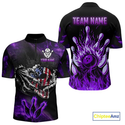 Purple Flaming American Flag Skull Bowling Shirt For Men Custom Fire Bowling Team Jersey TDM4657
