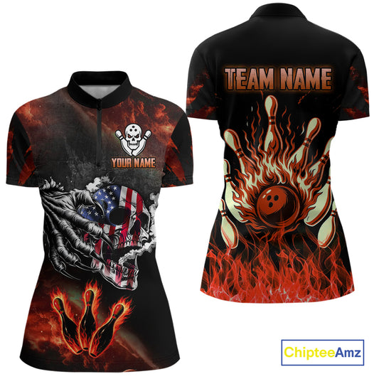 Red Flaming American Flag Skull Bowling Shirt For Women Custom Fire Bowling Team Jersey TDM4658