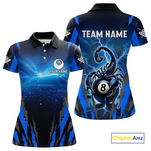 Personalized Thunder Lightning Scorpion Billiard Shirt For Women, 8 Ball Billiard Team Jerseys |Blue TDM4867